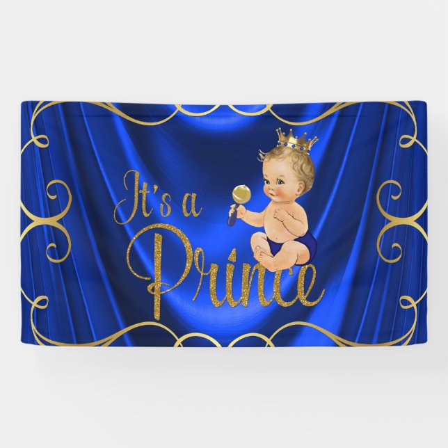 Blue Gold Satin Swirl Prince Baby Shower Banner (Horizontal)