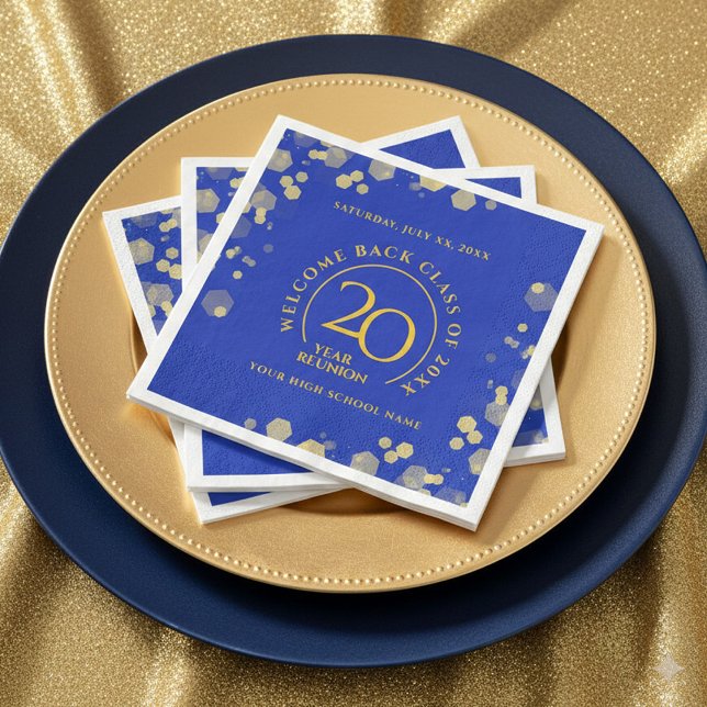 Blue & Gold School College Class Reunion Napkin (Elegant 20-Year Class Reunion Royal Blue and Gold Glitter Napkins Cover Photo)