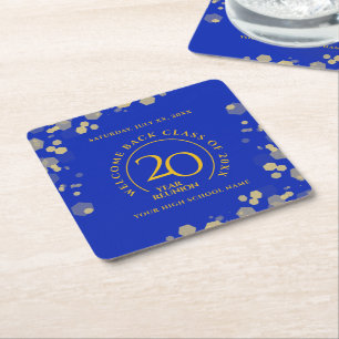 Blue & Gold School College Class Reunion Square Paper Coaster