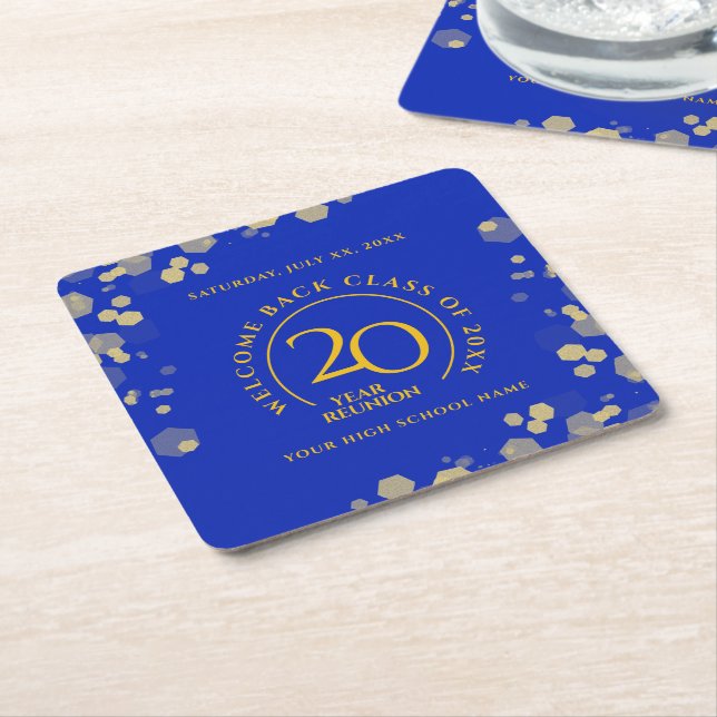 Blue & Gold School College Class Reunion Square Paper Coaster (Angled)