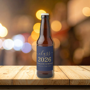 Blue Gold Script Class of 2026 Graduation Party Beer Bottle Label