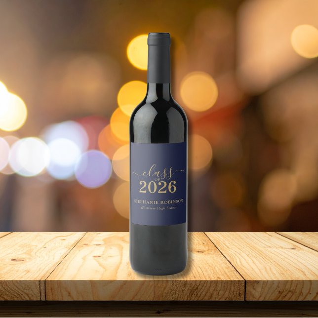 Blue Gold Script Class of 2026 Graduation Party Wine Label (Creator Uploaded)