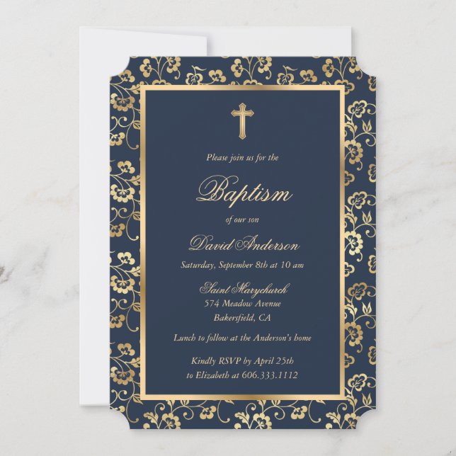 Blue Gold Script Floral Boy Baptism Invitation (Front)