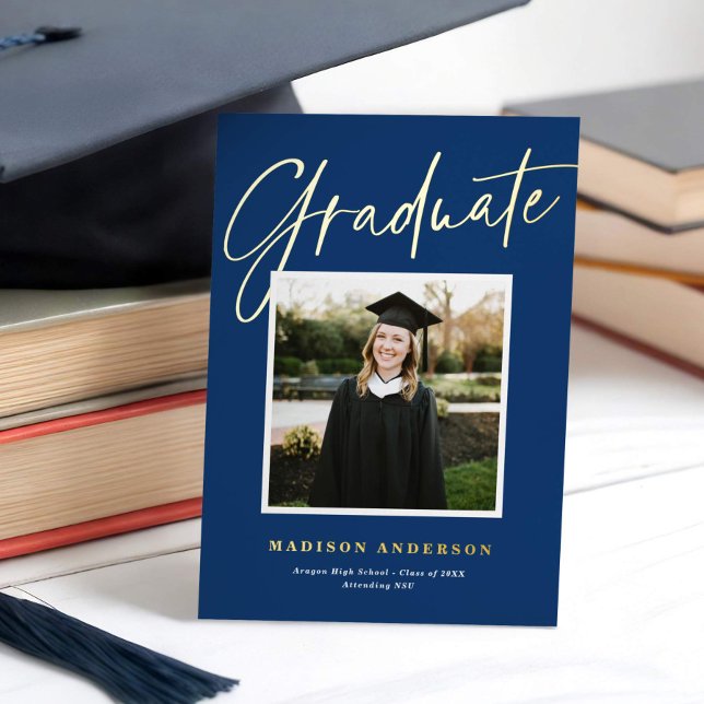 Blue + Gold Script Photo Graduation Announcement (Creator Uploaded)