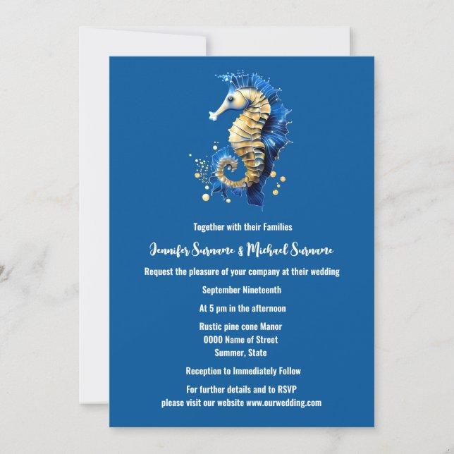 Blue gold seahorse plain elegant beach theme invitation (Front)