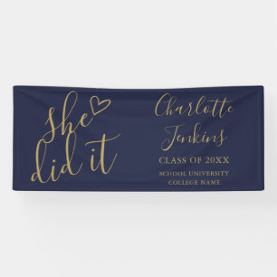 Blue Gold She Did It Script Heart Graduation Party Banner