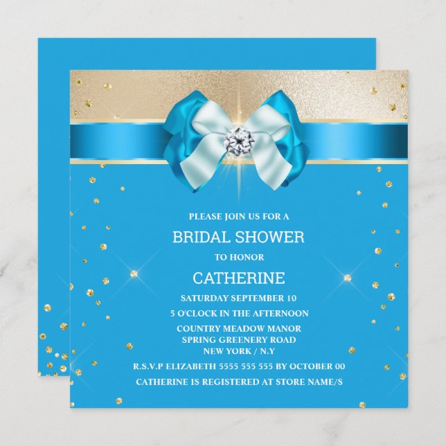 Blue gold shimmer bow sparkle glitter invitation (Front/Back)