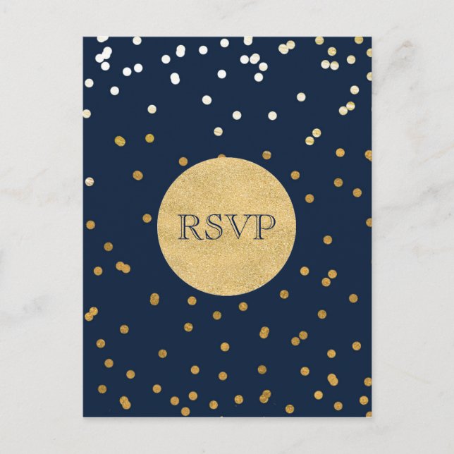 Blue & Gold Shiny Confetti Dots Chic Modern RSVP Invitation Postcard (Front)