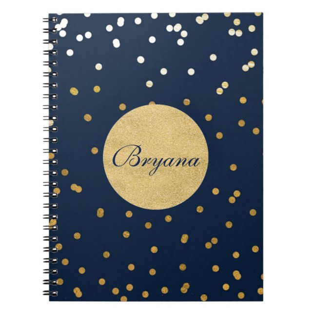 Blue & Gold Shiny Confetti Dots Modern Notebook (Front)