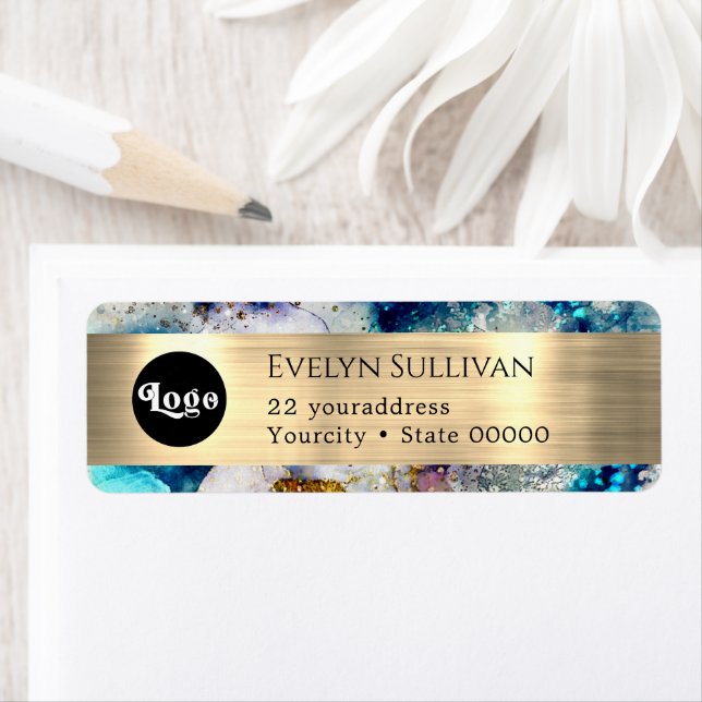 Blue Gold Silver glitter logo return address label (Insitu)