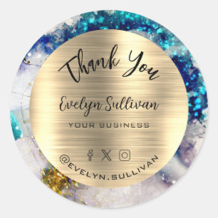 Blue gold silver glitter watercolor Thank You Classic Round Sticker
