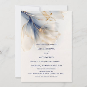 Blue Gold Smoky Watercolor Flower Wedding Invitation