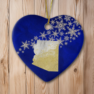 Blue Gold Snowflake Arizona Heart Ceramic Ornament