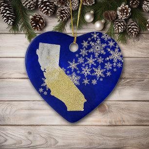 Blue Gold Snowflake California Heart Ceramic Ornament