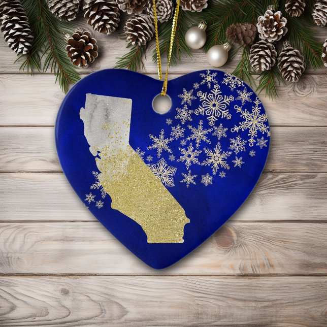 Blue Gold Snowflake California Heart Ceramic Ornament (Creator Uploaded)