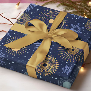 Blue Gold Snowflake Christmas Holiday Pattern Wrapping Paper