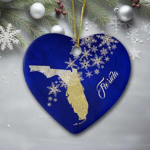 Blue Gold Snowflake Florida Heart Ceramic Ornament
