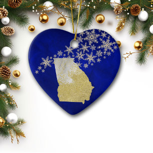 Blue Gold Snowflake Georgia Heart Ceramic Ornament