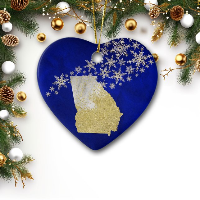 Blue Gold Snowflake Georgia Heart Ceramic Ornament (Creator Uploaded)