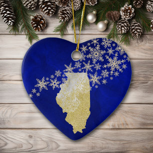 Blue Gold Snowflake Illinois Heart Ceramic Ornament