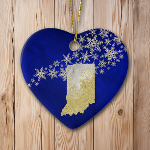 Blue Gold Snowflake Indiana Heart Ceramic Ornament