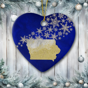 Blue Gold Snowflake Iowa Heart Ceramic Ornament