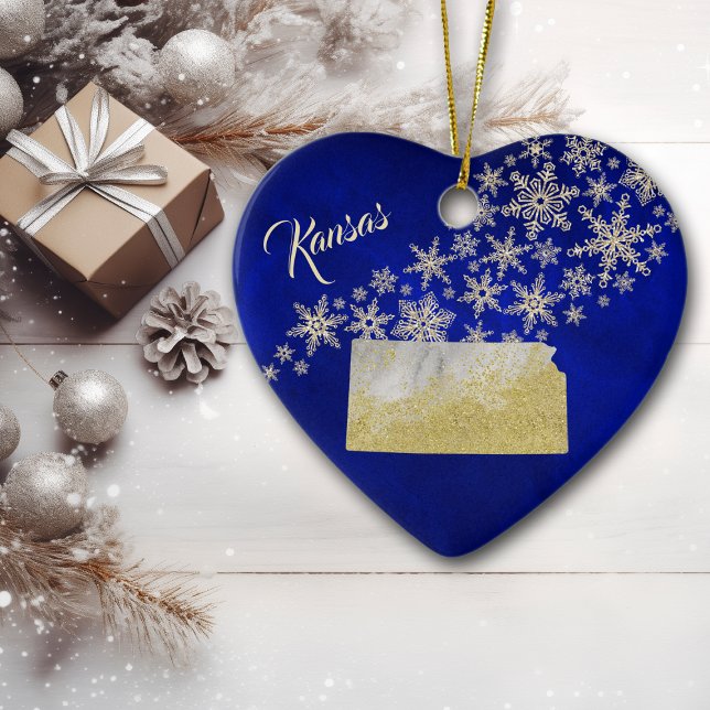 Blue Gold Snowflake Kansas Heart Ceramic Ornament (Creator Uploaded)