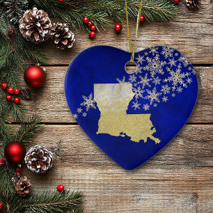 Blue Gold Snowflake Louisiana Heart Ceramic Ornament