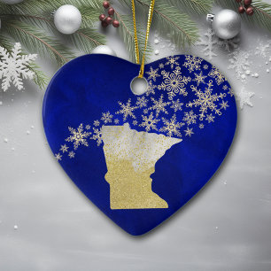Blue Gold Snowflake Minnesota Heart Ceramic Ornament