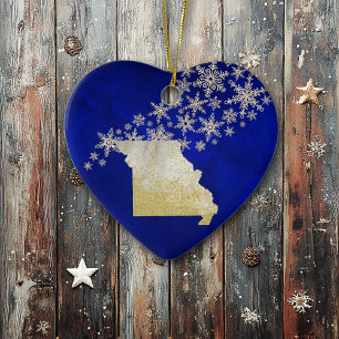 Blue Gold Snowflake Missouri Heart Ceramic Ornament