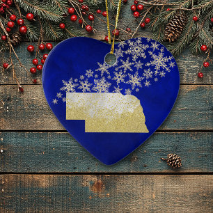 Blue Gold Snowflake Nebraska Heart Ceramic Ornament