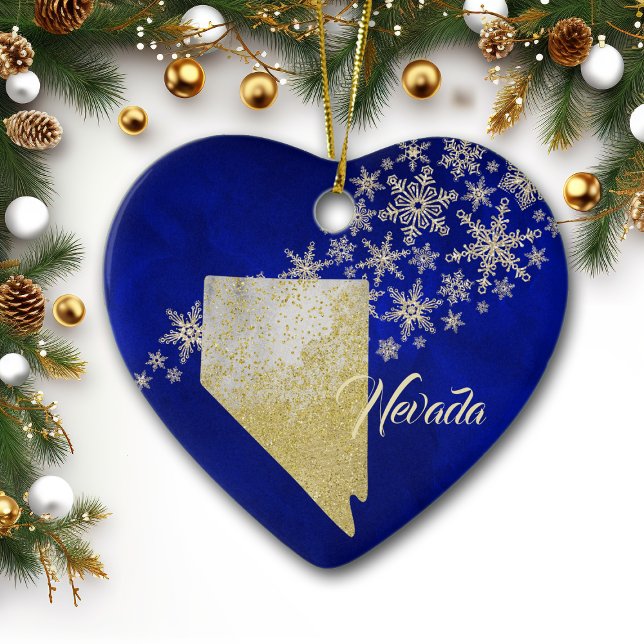 Blue Gold Snowflake Nevada Heart Ceramic Ornament (Creator Uploaded)