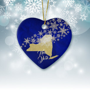 Blue Gold Snowflake New York Heart Ceramic Ornament