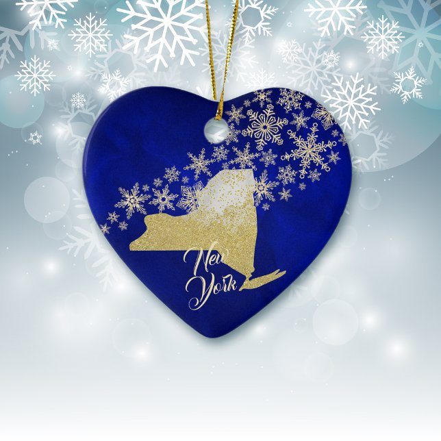 Blue Gold Snowflake New York Heart Ceramic Ornament (Creator Uploaded)