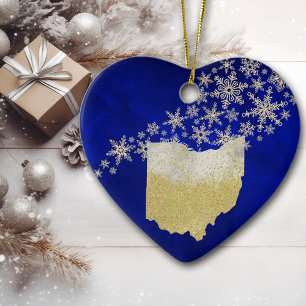 Blue Gold Snowflake Ohio Heart Ceramic Ornament