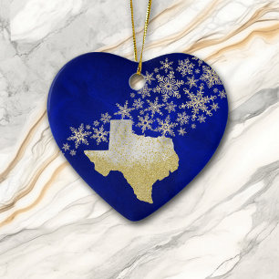 Blue Gold Snowflake Texas Heart Ceramic Ornament