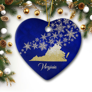 Blue Gold Snowflake Virginia Heart Ceramic Ornament