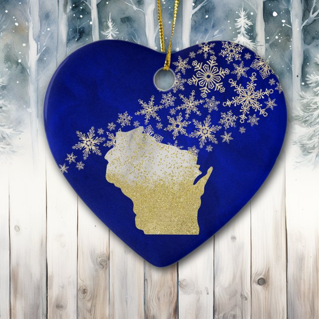 Blue Gold Snowflake Wisconsin Heart Ceramic Ornament (Creator Uploaded)