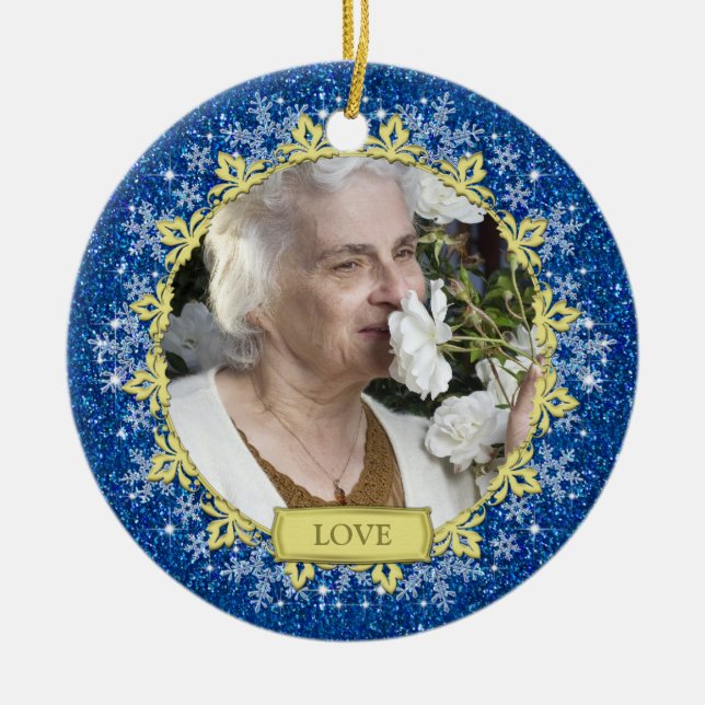 Blue Gold Snowflakes Memorial Photo Christmas Ceramic Ornament (Front)