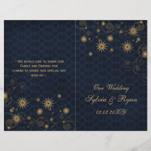 blue gold Snowflakes wedding programs folded