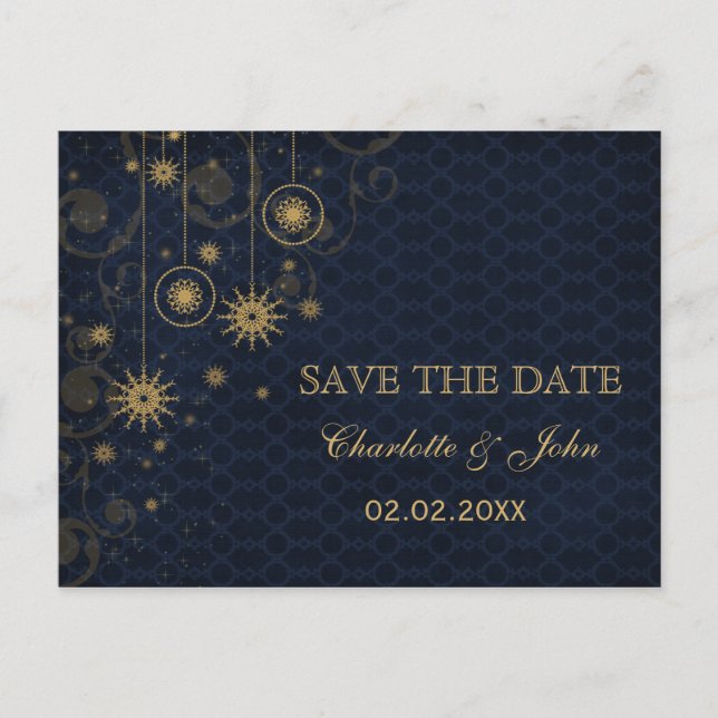 blue gold Snowflakes Winter save the Date Announcement Postcard (Front)