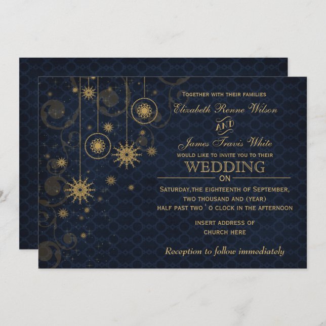 blue gold Snowflakes Winter wedding invitations (Front/Back)