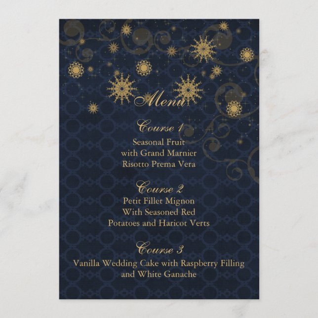 blue gold Snowflakes Winter wedding menu cards (Front)