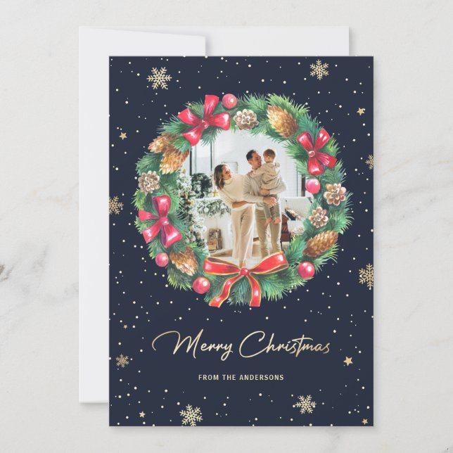 Blue Gold Snowflakes Wreath Photo Holiday Card (Front)