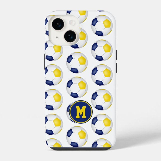 blue gold soccer balls pattern monogrammed iPhone case (Back)