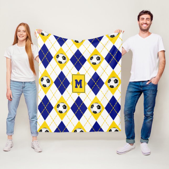 blue gold soccer team colours argyle pattern fleece blanket (In Situ)