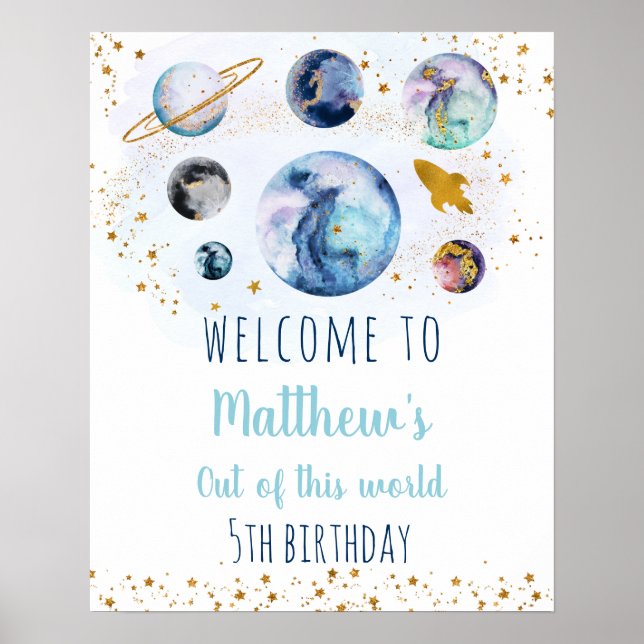 Blue Gold Space Birthday Welcome Poster (Front)