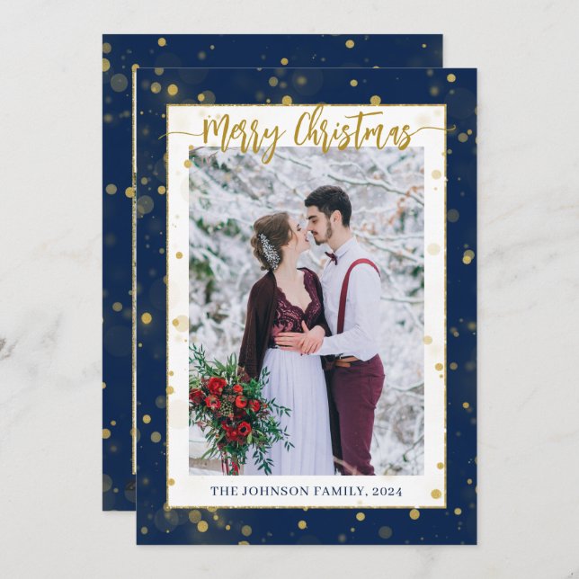Blue Gold Sparkle Merry Christmas 2 Photo Holiday Card (Front/Back)