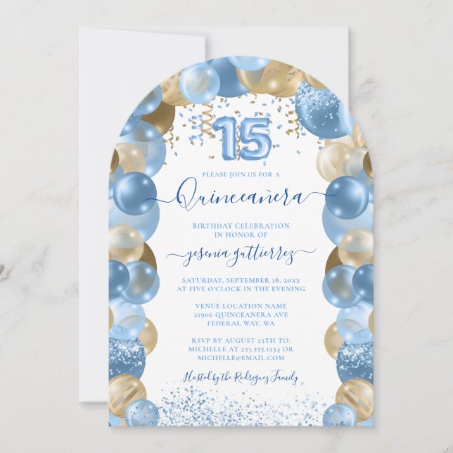 Blue Gold Sparkle Quinceañera Balloon Invitation (Front)
