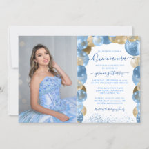 Blue Gold Sparkle Quinceañera Balloon Photo Invita